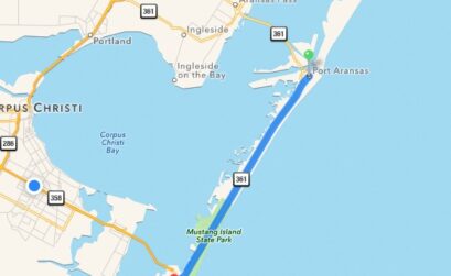 The blue line marks the 20-mile stretch of State Highway 361 between Park Road 22 in Corpus Christi and the city of Port Aransas on Mustang Island. Illustration by Google Maps