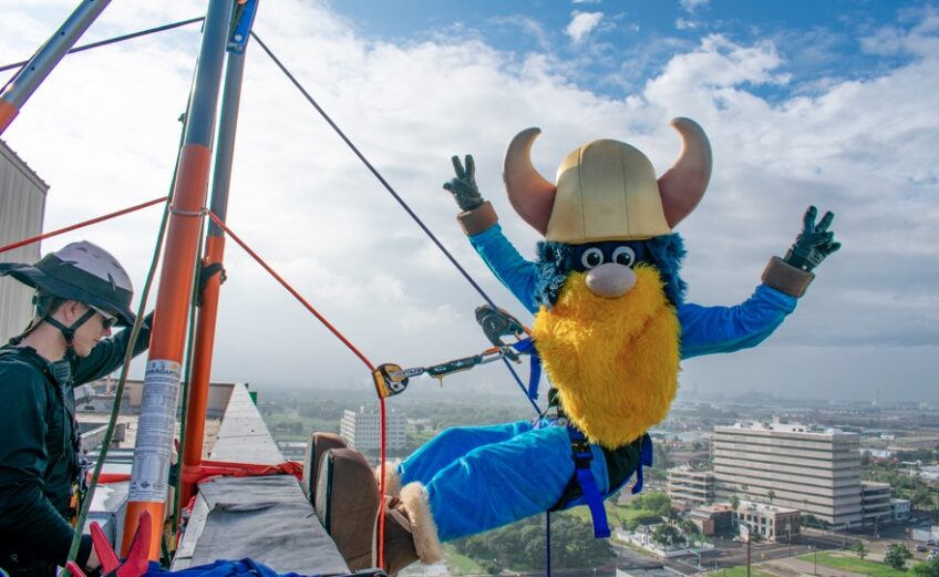 Valdar the Viking, who rappelled down a Del Mar College building during a fundraiser, will remain unchanged as the community college continues the process of rebranding its three campuses. Courtesy photo