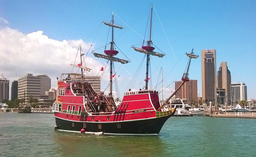 The Red Dragon is 17th century pirate ship above the water line, but a modern technological wonder below deck with the ability to turn on a dime and maneuver any challenge on the seas. Here the ship is shown in Corpus Christi, which it sails to each year for Buc Days when the Mayor walks the plank. Public cruises sail out of Port Aransas. Courtesy photo