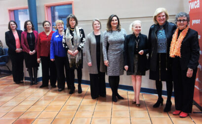YWCA board President Teresa Costley (left) at a media conference announcing the 2018 Y Women in Career honorees Maria M. Vidaurri, Ed.D., Sherdeana Owens, D.D.S., Mary V. Gleason, Ed.D., Deborah Fullerton, Michelle Flower, Blanch Fernandez, Nina Drath, and Karen Olsen Bonner. Also shown is YWCA President/CEO Nancy Wesson-Dodd (right). Courtesy photo