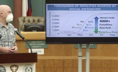 Professor Christopher Bird of Texas A&M University-Corpus Christi explains a prediction model the university created demonstrating how social distancing orders can save lives. Screen capture