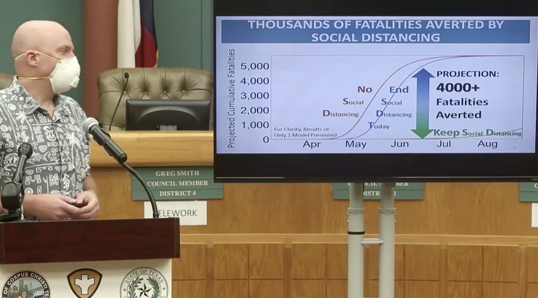 Professor Christopher Bird of Texas A&M University-Corpus Christi explains a prediction model the university created demonstrating how social distancing orders can save lives. Screen capture