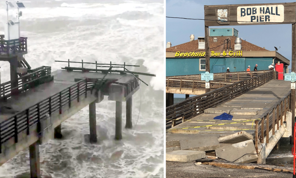 Bob Hall Pier and the surrounding beach area will be closed to the public until further notice, announced Nueces County Judge Barbara Canales on July 28. The closure is due to damages from Hurricane Hanna, which struck the area as a Category 1 hurricane on Saturday, July 25. (Entrance Photo by Amber Weems; Storm Photo Courtesy)