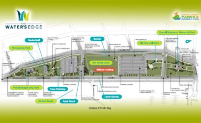 A map of amenities at the new 30-acre Water’s Edge Park in downtown Corpus Christi. A ribbon-cutting for the park is set for 6 p.m. Wednesday, April 18, at the Great Lawn.