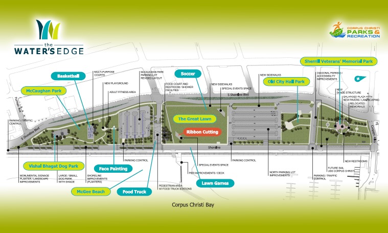 A map of amenities at the new 30-acre Water’s Edge Park in downtown Corpus Christi. A ribbon-cutting for the park is set for 6 p.m. Wednesday, April 18, at the Great Lawn.