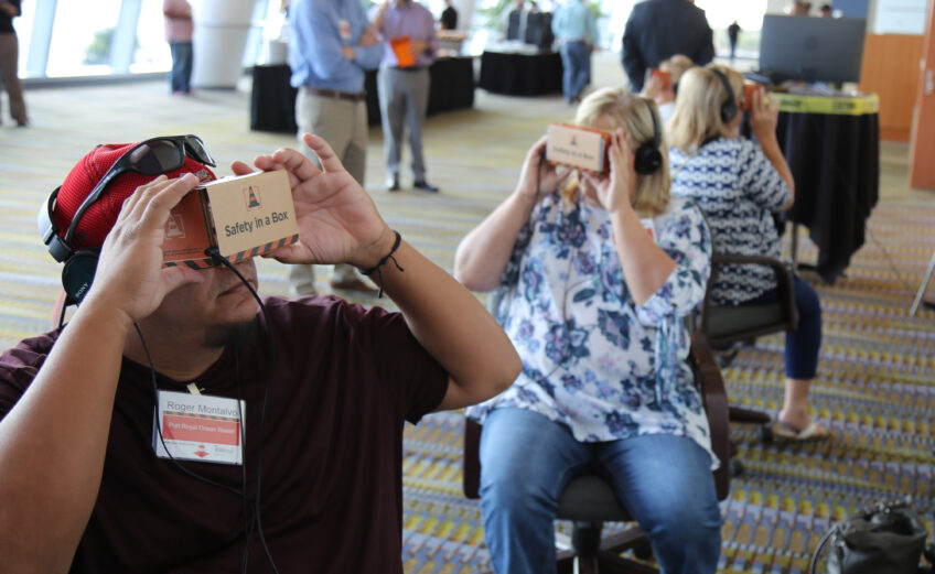 Corpus Christi workers attending the Work Safe, Texas summit in September experience Safety in a Box, a simple and easy way to turn a smartphone and a cardboard box into a virtual reality teaching tool. Courtesy photo