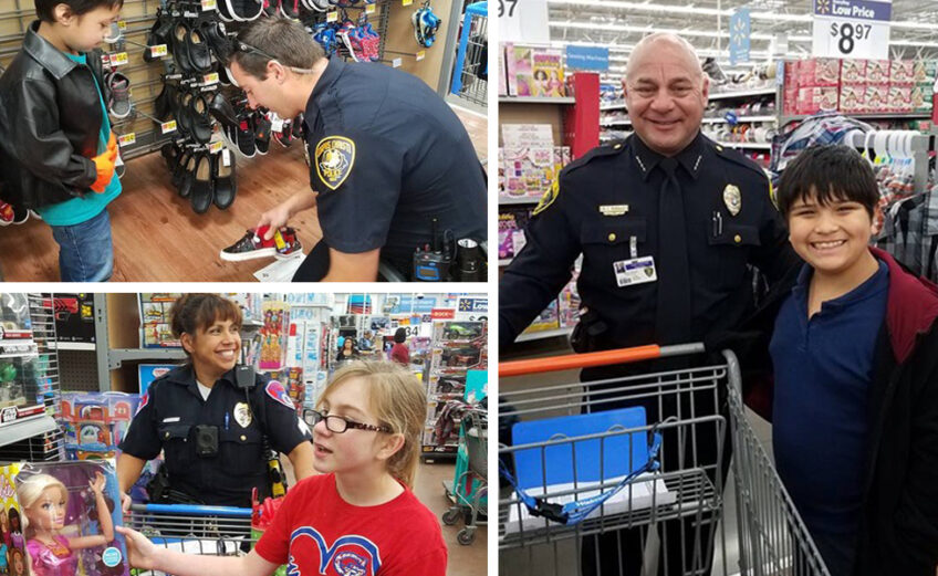 Corpus Christi Police Chief Mike Markle (right) with a student at at recent Shop With a Cop event. Other officers take kids shopping at local Walmarts for clothes and other necessities, along with one toy. Courtesy photos