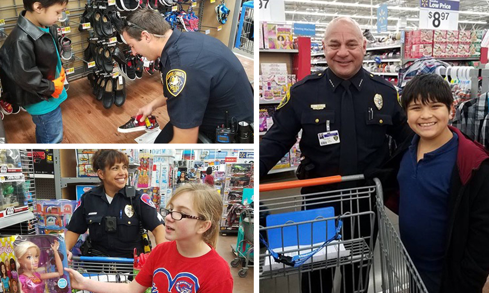 Corpus Christi Police Chief Mike Markle (right) with a student at at recent Shop With a Cop event. Other officers take kids shopping at local Walmarts for clothes and other necessities, along with one toy. Courtesy photos
