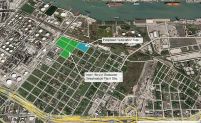 A satellite image of a proposed desalination plant site in the Hillcrest neighborhood, a predominately Black and Hispanic community near the Inner Harbor of Corpus Christi. Courtesy image