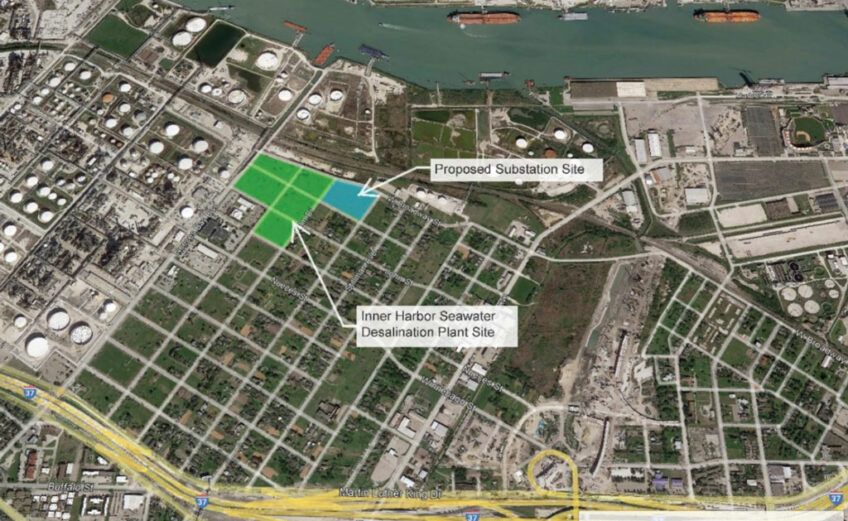 A satellite image of a proposed desalination plant site in the Hillcrest neighborhood, a predominately Black and Hispanic community near the Inner Harbor of Corpus Christi. Courtesy image