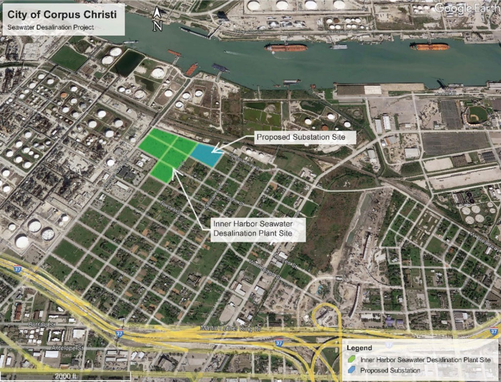 A satellite image of a proposed desalination plant site in the Hillcrest neighborhood, a predominately Black and Hispanic community near the Inner Harbor of Corpus Christi. Courtesy image