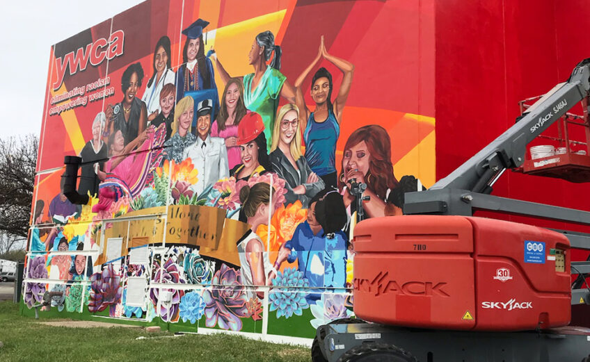 Corpus Christi artists Sandra Gonzalez and Monica Marie Garcia plan to spend the rest of March and part of April putting the finishing touches on this mural at the YWCA, located at 4601 Corona Drive. The unveiling ceremony is set for 6 p.m. Tuesday, May 28. Photo by Roland Chiapoco