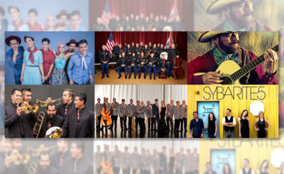 The 2019-20 Furgason Bravo! Series for the Performing Arts at Texas A&M University-Corpus Christi features Las Cafeteras (top left), the Jazz Ambassadors of the U.S. Army Field Band, Michael Martin Murphey, M5 Mexican Brass (bottom left), the Glenn Miller Orchestra, and Sybarite5. Patrons buying three or more tickets get a 15 percent discount. The Jazz Ambassadors show is free, but reservations are required. Courtesy photos