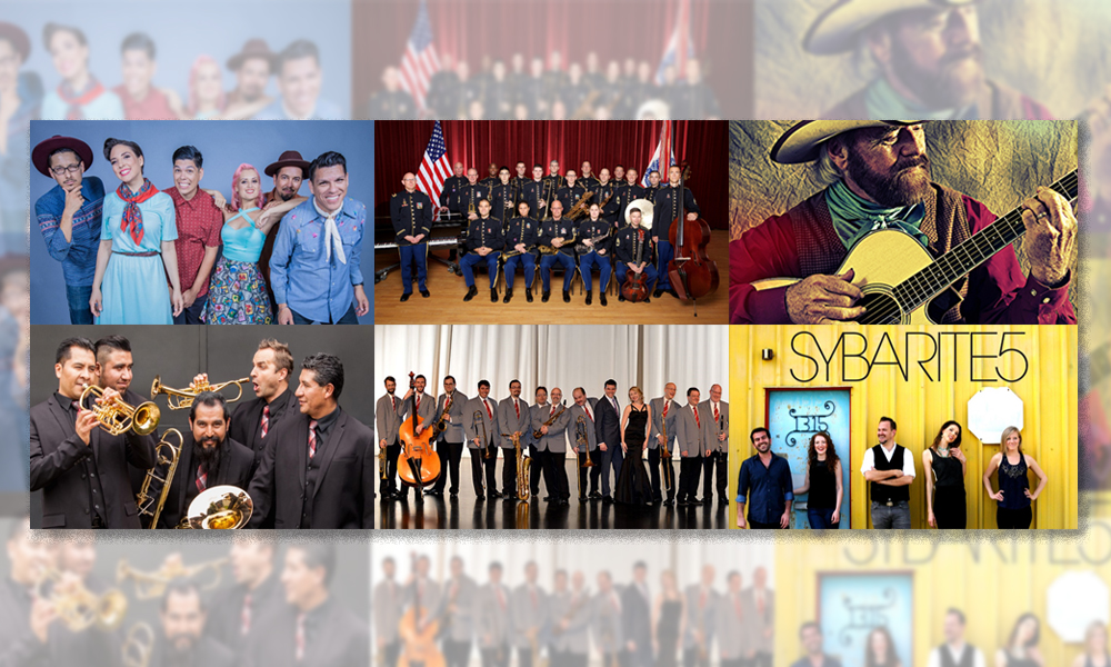 The 2019-20 Furgason Bravo! Series for the Performing Arts at Texas A&M University-Corpus Christi features Las Cafeteras (top left), the Jazz Ambassadors of the U.S. Army Field Band, Michael Martin Murphey, M5 Mexican Brass (bottom left), the Glenn Miller Orchestra, and Sybarite5. Patrons buying three or more tickets get a 15 percent discount. The Jazz Ambassadors show is free, but reservations are required. Courtesy photos