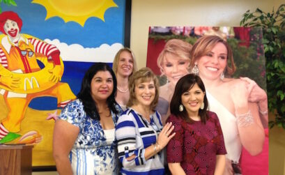 Members of the board of directors of the Corpus Christi Ronald McDonald House attending a press conference and phone interview with keynote speaker Melissa Rivers were (from left) Priscilla Olivarez, Kimberly Wilmoth, Amy Griffin and Anabella Garza. The group posed with a picture of Rivers and her late mother Joan Rivers. Photo by Suzanne Freeman