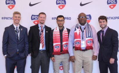 The people helping bring a professional soccer team to Corpus Christi include Professional Development League Co-Directors Mike Panter and Chris Madden (left), Head Coach Sammy Giraldo, Corpus Christi Football Club President Kingsley Okonkwo and  Business Development United Soccer League Director Joel Nash. Courtesy Photo