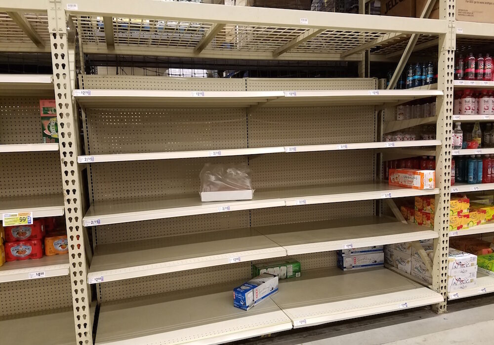 Shelves that contained bottled water, baby wipes and plastic utensils as alternatives to bathing and washing dishes, have been emptied at Corpus Christi stores. Photo by Jane Kathleen Gregorio