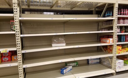 Shelves that contained bottled water, baby wipes and plastic utensils as alternatives to bathing and washing dishes, have been emptied at Corpus Christi stores. Photo by Jane Kathleen Gregorio