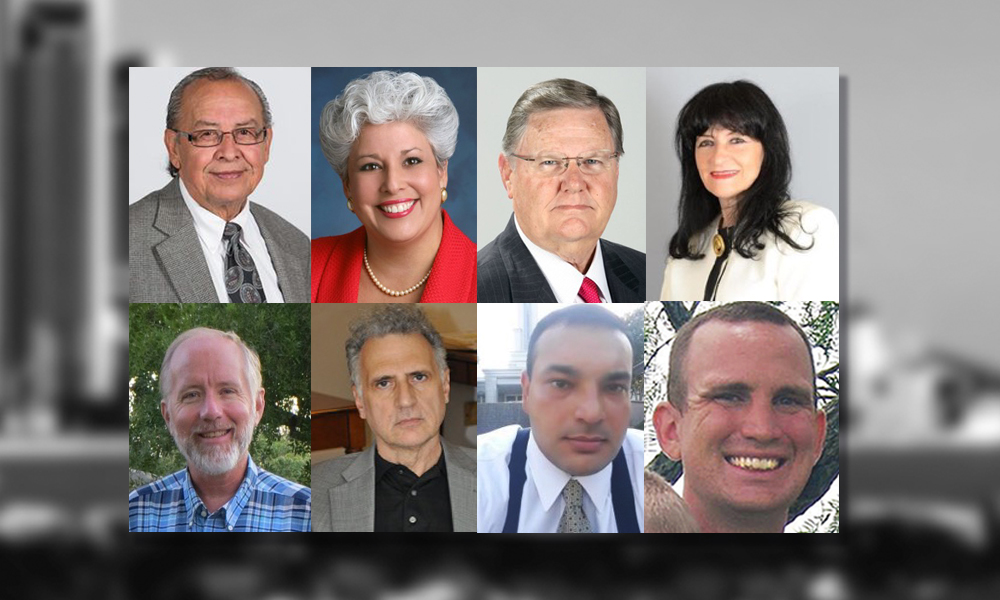 Mayoral candidates for the May 6 special election in Corpus Christi are (from top left, clockwise): Reynaldo “Ray” Madrigal, Nelda Martinez, Joe McComb, Margareta Fratila, Jonathan Garison, James Hernandez, Mark Di Carlo, and Larry White. Courtesy photos