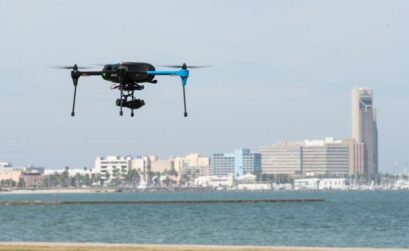 A drone flies over Cole Park in Corpus Christi. The park will be closed 8:30AM-3:30PM Monday, July 29, for drone testing by NASA and the Lone Star UAS Center for Excellence and Innovation. Watergarden Fountain will be closed 10AM-2PM Friday, July 26, for drone testing as well. Courtesy photo