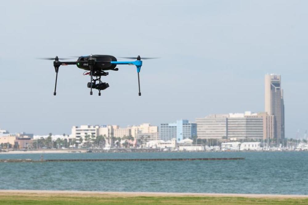 A drone flies over Cole Park in Corpus Christi. The park will be closed 8:30AM-3:30PM Monday, July 29, for drone testing by NASA and the Lone Star UAS Center for Excellence and Innovation. Watergarden Fountain will be closed 10AM-2PM Friday, July 26, for drone testing as well. Courtesy photo