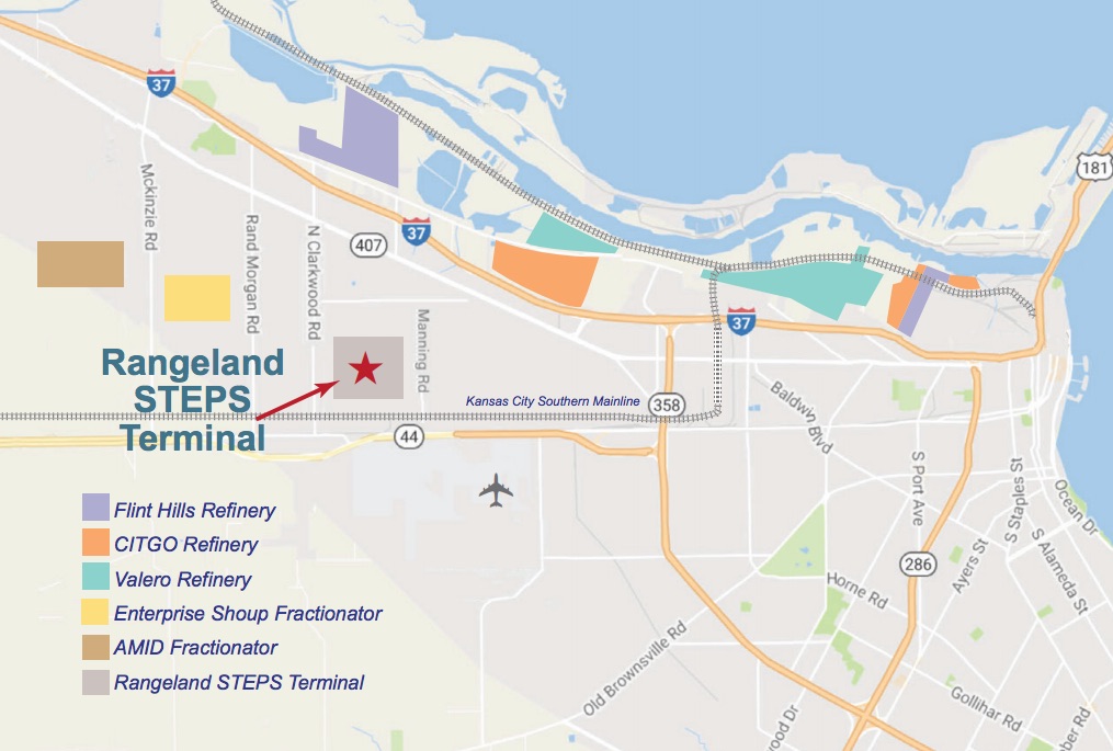 The location of the South Texas Energy Products Systems Terminal in Corpus Christi, which is owned by Rangeland Energy III LLC. The terminal officially began operating June 4, 2018. Courtesy map