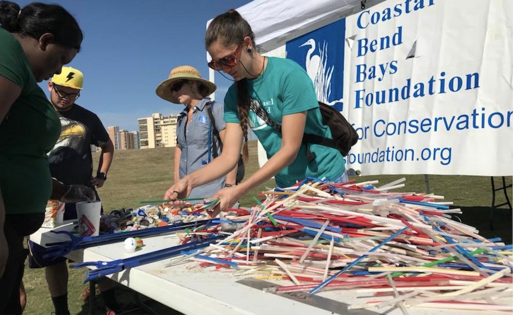 Coastal Bend Bays Foundation honors people who work to protect the Gulf Coast and its environs from pollution. Here, volunteers collect and count plastic straws and lids from local beaches. Prizes were given to the volunteers who collected the most. Courtesy photo