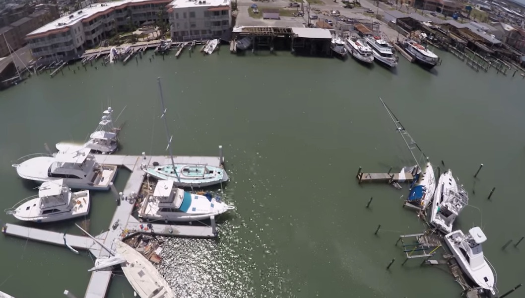 A drone flying over the Port Aransas City Marina just after Hurricane Harvey struck in August 2017. The city will use part of a $5 million grant from the U.S. Department of Commerce to rebuild the harbor master’s office, docks, and other amenities at the marina. Courtesy photo
