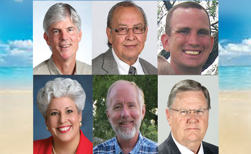 The six candidates who have so far declared they will run for mayor are (clockwise from top left) Mark Scott, Ray Madrigal, Jonathan Garrison, Joe McComb, Larry White and Nelda Martinez. Courtesy photos