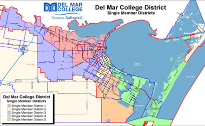 District 4 on the Del Mar College Board of Regents covers the area marked in lime green on this map, including the Island and Flour Bluff.