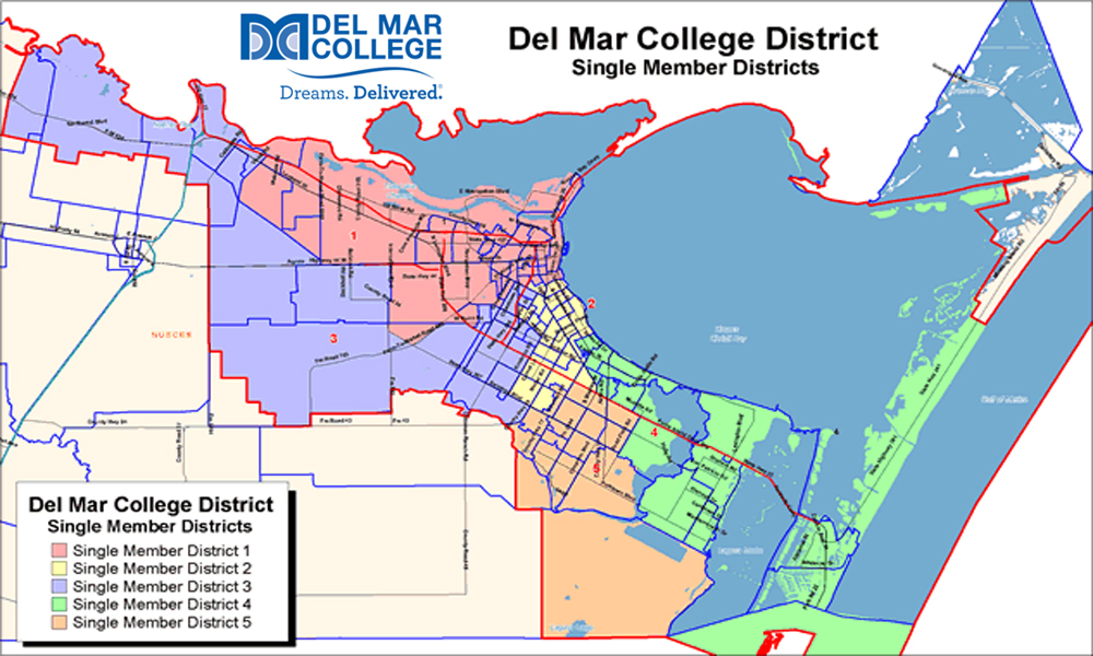 District 4 on the Del Mar College Board of Regents covers the area marked in lime green on this map, including the Island and Flour Bluff.