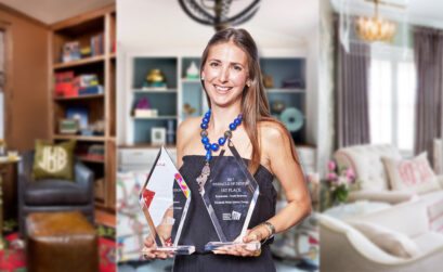 Interior designer Elizabeth Welsh with her two first-place awards, which she received from the American Society of Interior Designers in San Antonio. The awards were for outstanding design work by her company, Elizabeth Welsh Interior Design in Corpus Christi. Courtesy photo/Illustration Roland Chiapoco