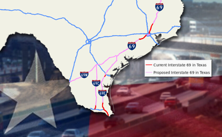 A map of current and proposed routes of Interstate 69 in Texas. Also includes the three southern branches of the highway: I-69E, I-69C, and I-69W.