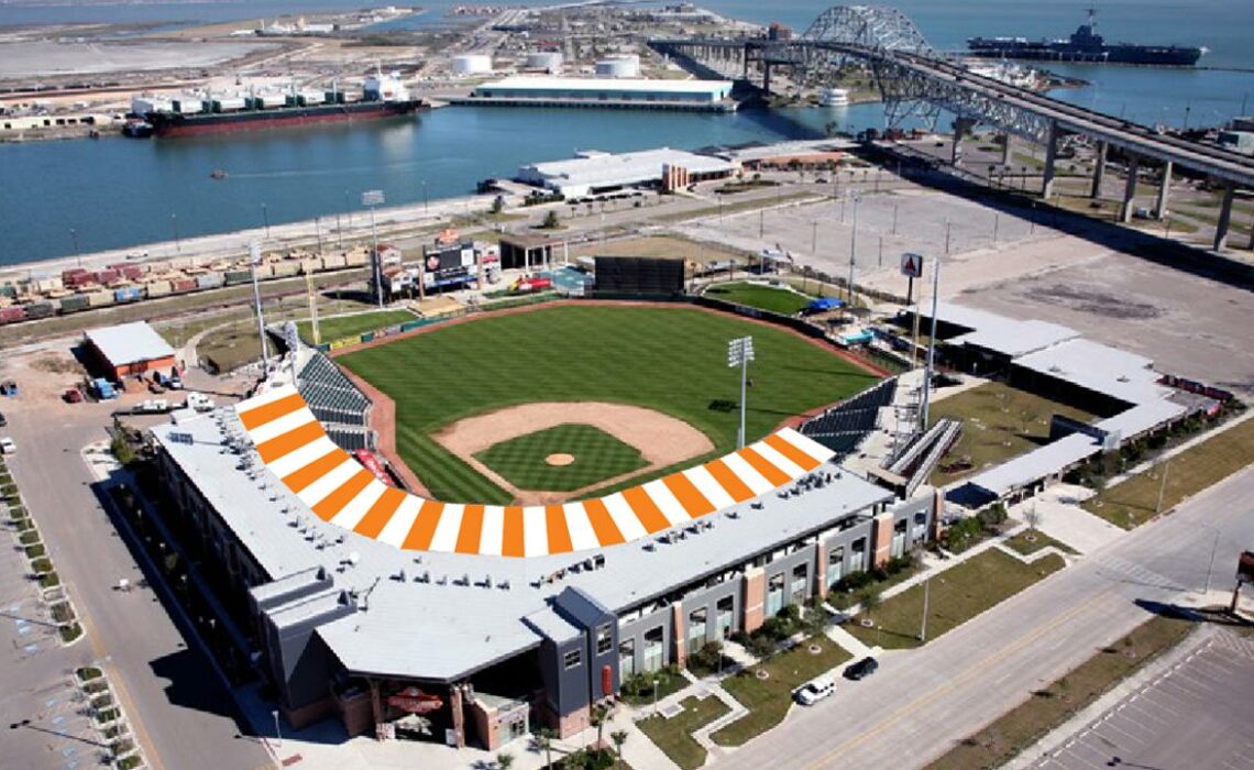The distinctive orange and white stripes seen on every Whataburger Restaurant will soon be on the roof of Whataburger Field, home of the Corpus Christi Hooks Minor League Baseball Team. Courtesy photo