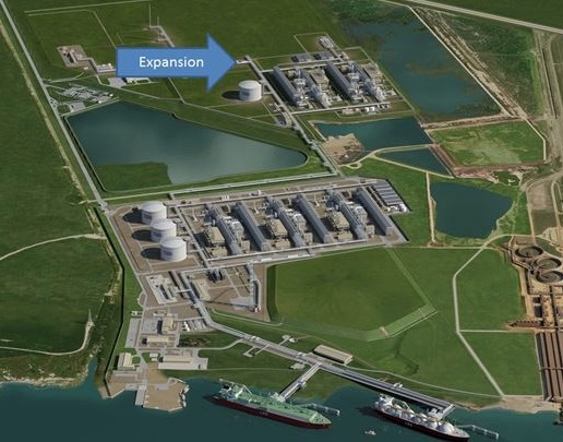 Architectural rendering of the Cheniere Energy LNG production units in Corpus Christi with the most recent expansion plans pointed out. Courtesy Photo