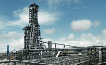 The tower of Voestalpine's HBI plant in Gregory near Corpus Christi was completed in April. Production of iron briquettes is now underway after a grand opening ceremony Oct. 26, 2016. Courtesy photo
