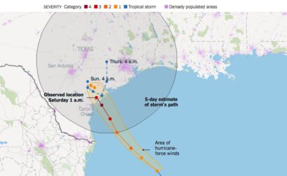 National Weather Service map tracking expected path of Hurricane Harvey along the Texas Gulf Coast.