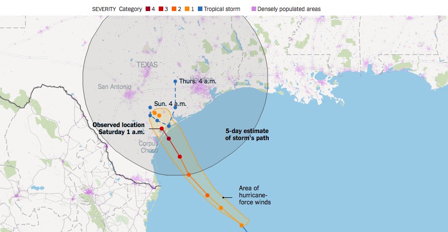 National Weather Service map tracking expected path of Hurricane Harvey along the Texas Gulf Coast.