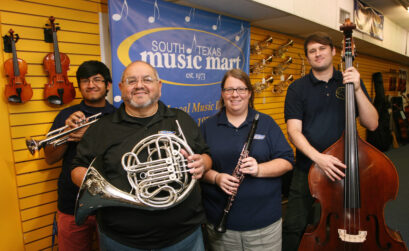 South Texas Music Mart General Manager Larry Germain on the showroom floor at 5253 S. Staples St. in Corpus Christi. Germain began working in the store two weeks after he and his wife, Cesarea, were married. That was 37 years ago. Photo by Carrie Robertson Meyer/Third Coast Photo