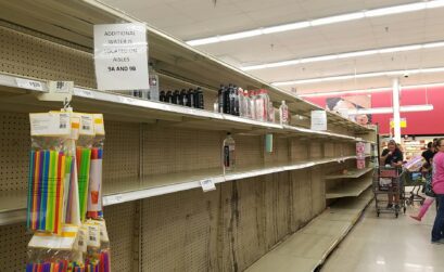 Water and batteries have disappeared off the shelves of local groceries, including this H-E-B on Weber and Holly. Photo by Jane Kathleen Gregorio