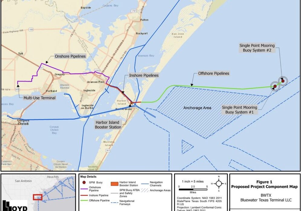 Two red dots near the right-hand edge of this map indicate where two single-point mooring buoy systems are expected to be built for loading Very Large Crude Carriers offshore. The deepwater export terminals will be about 21 nautical miles offshore. The bright green line indicates where pipeline will be installed. Courtesy map