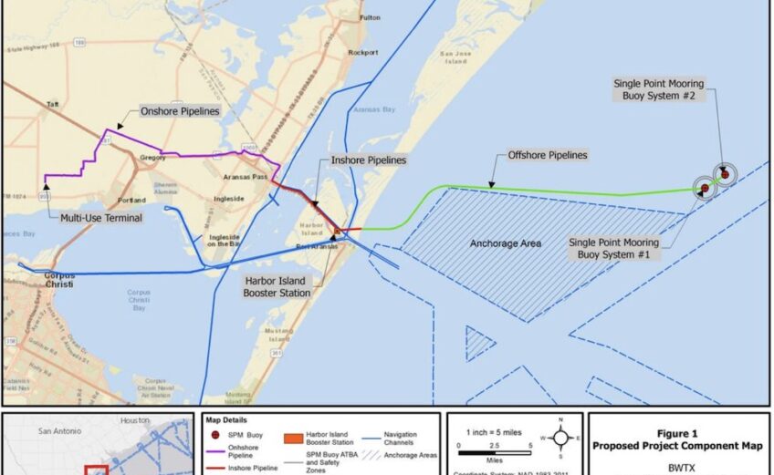 Two red dots near the right-hand edge of this map indicate where two single-point mooring buoy systems are expected to be built for loading Very Large Crude Carriers offshore. The deepwater export terminals will be about 21 nautical miles offshore. The bright green line indicates where pipeline will be installed. Courtesy map