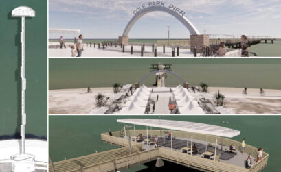 An artist’s renderings of the new Cole Park Pier, including shades, benches, and an archway entrance. The city of Corpus Christi needs to find an additional $2.2 million to build more than a bare-bones replacement for the pier, which was damaged by Hurricane Harvey in 2017. Courtesy image