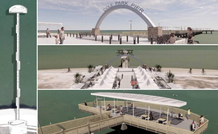 An artist’s renderings of the new Cole Park Pier, including shades, benches, and an archway entrance. The city of Corpus Christi needs to find an additional $2.2 million to build more than a bare-bones replacement for the pier, which was damaged by Hurricane Harvey in 2017. Courtesy image