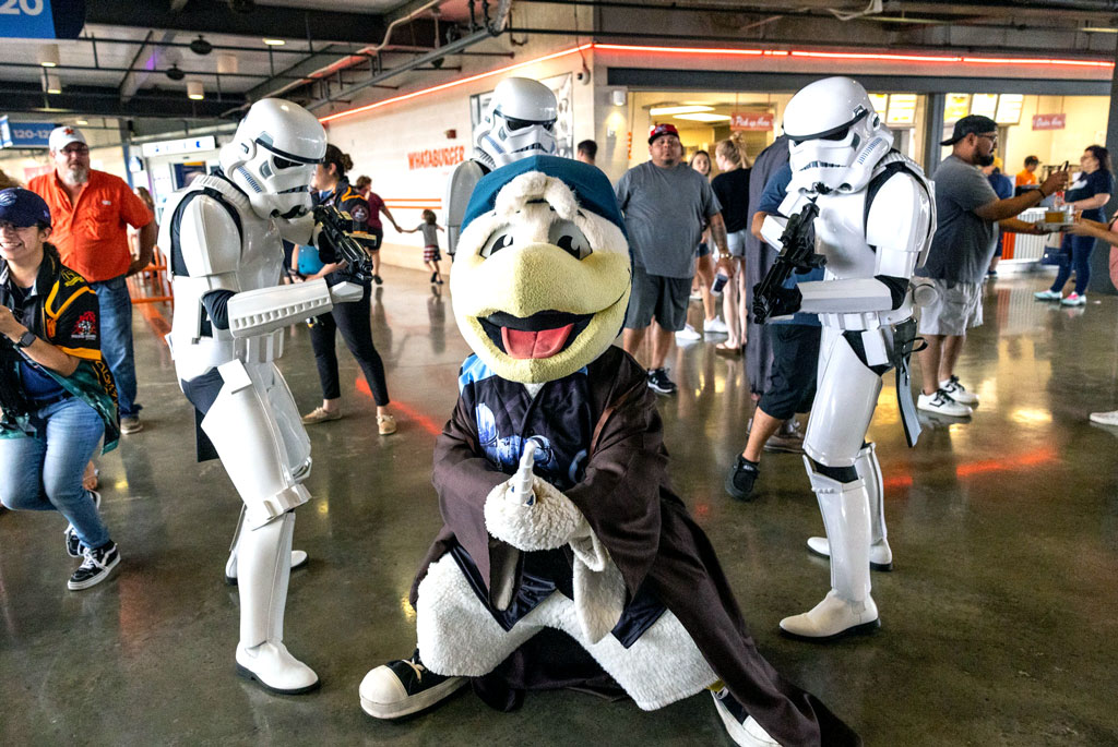 Corpus Christi Hooks mascot Sammy Seagull takes on Stormtroopers during Star Wars Night at Whataburger Field in Corpus Christi. With two mascots, a playground, and endless between-innings entertainment, there’s never a boring moment with the Corpus Christi Hooks. Courtesy photo