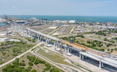 Progress on the new Harbor Bridge as it looked in June 2022. While construction on the cable-stayed part of the bridge has been suspended, work continues on feeder roads and entrances to the bridge.