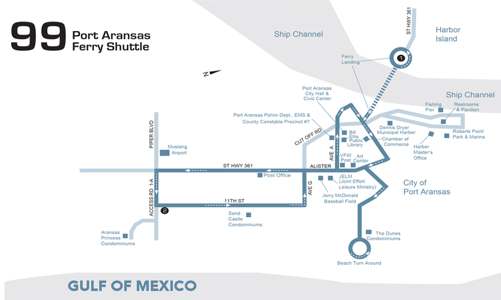 A map of Route 99 in Port Aransas, a new Corpus Christi Regional Transportation Authority line that will take the ferry. The shuttle will have priority boarding, cutting wait time for passengers. Courtesy illustration