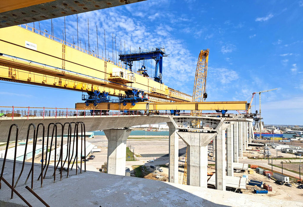 The south approach gantry crew completed installing southbound main lane spans on the new Harbor Bridge in February. The precast yard is casting about seven main span/delta frame segments per week, while work on other joint pier segments has been delayed because of safety concerns. Courtesy photo