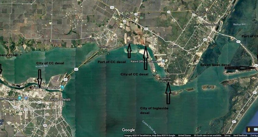 A map of Corpus Christi Bay showing where seven desalination plants are planned. Courtesy map