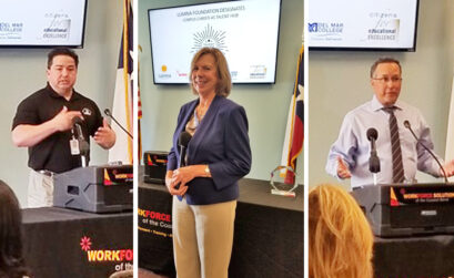 Announcing Corpus Christi’s designation as a Talent Hub at a news conference Tuesday, June 5, were three representatives of the organizations that will be using a $275,000 grant to train workers for coming Corpus Christi jobs: Leonard Rivera (left), dean of continuing education and off-campus programs at Del Mar College; Dr. Janet Cunningham, executive director of Citizens for Educational Excellence; and Ken Trevino, president and CEO of Workforce Solutions of the Coastal Bend. Courtesy photos